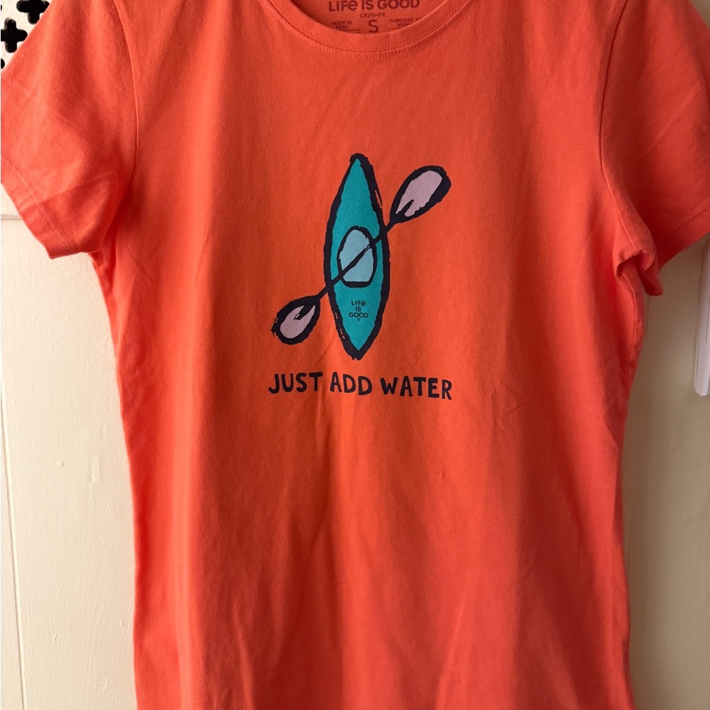 Life Is Good Women's Orange Tee with Kayak Graphic